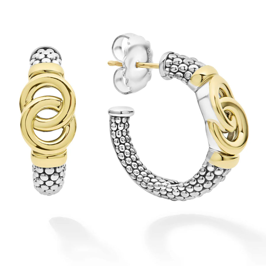 Signature Caviar Interlocking Circle Hoop Earrings in Sterling Silver and 18K Yellow Gold