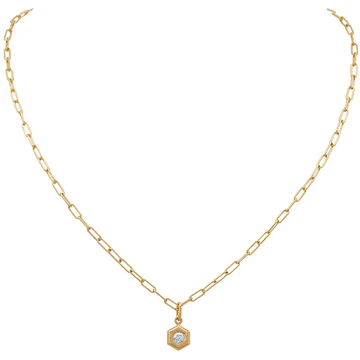 Diamond Bee Hexagon Pendant in 18K Yellow Gold, 17in