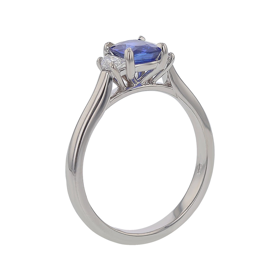 Ceylon Sapphire and Shield Diamond 3-Stone Ring in 18K White Gold, Size 6