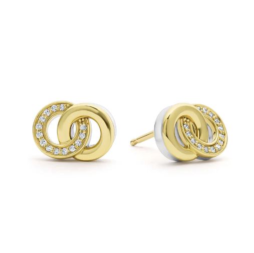 Signature Caviar 0.11Ct Diamond Interlocking Circle Stud Earrings in 18K Yellow Gold and Sterling Silver