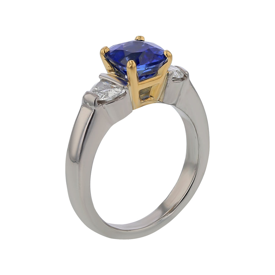 Ceylon Sapphire and Half Moon Diamond 3-Stone Ring in Platinum and 18K Yellow Gold, Size 6