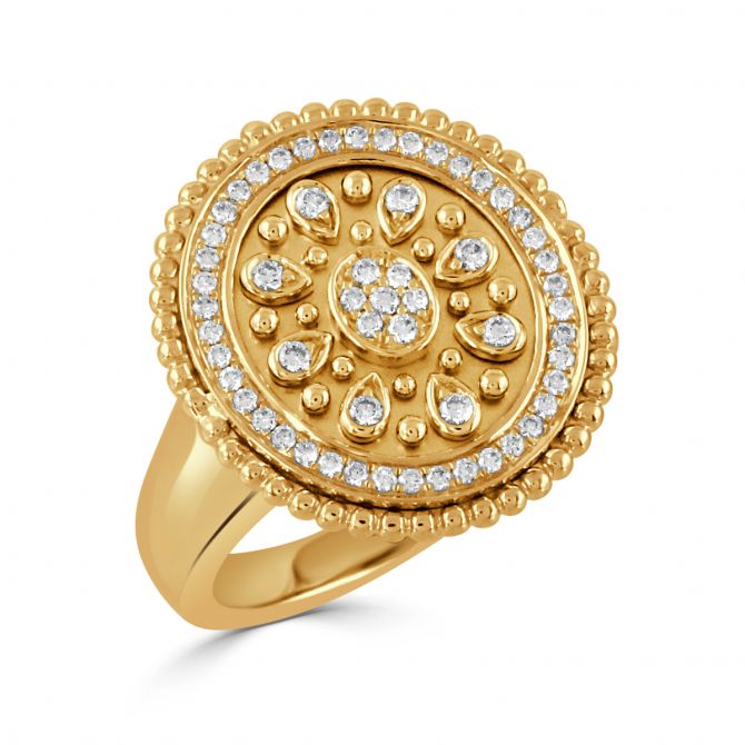 Byzantine 0.27Ct Diamond Milgrain Edge Patterned Signet Ring in 18k Yellow Gold, Size 6.5