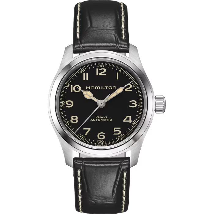 38mm Khaki Field Murph Automatic Black Dial Watch in Stainless Steel with Black Leather Strap