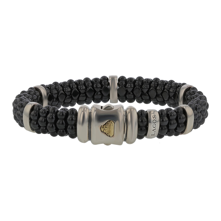 Lagos Caviar Station Bracelet in Black Ceramic and Sterling Silver and 18k Yellow Gold Size Small