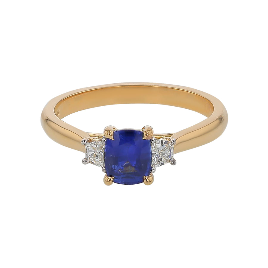 Ceylon Sapphire and Trapezoid Diamond 3-Stone Ring in 18K Yellow Gold, Size 6