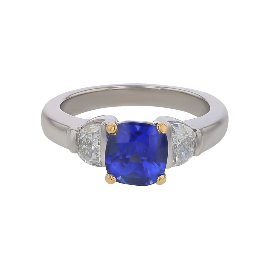 Ceylon Sapphire and Half Moon Diamond 3-Stone Ring in Platinum and 18K Yellow Gold, Size 6