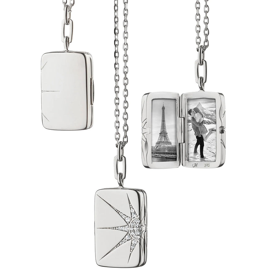 0.18Ct White Sapphire Sun and Star Rectangle Locket on Chain in Sterling Silver, 30-32" chain