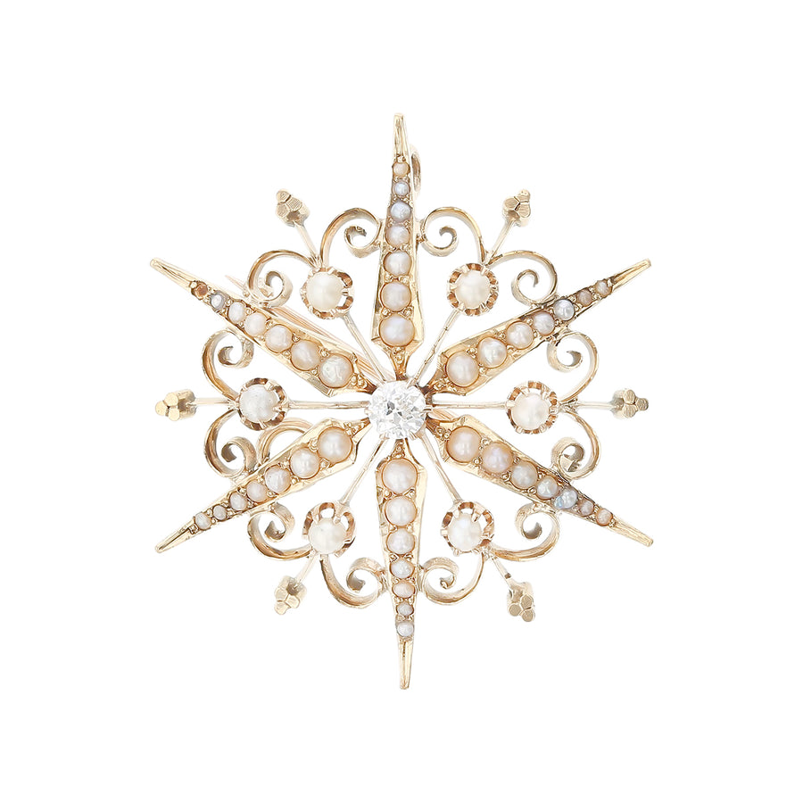 0.20ct Diamond and Natural Seed Pearl Art Deco Pin in 14K Yellow Gold