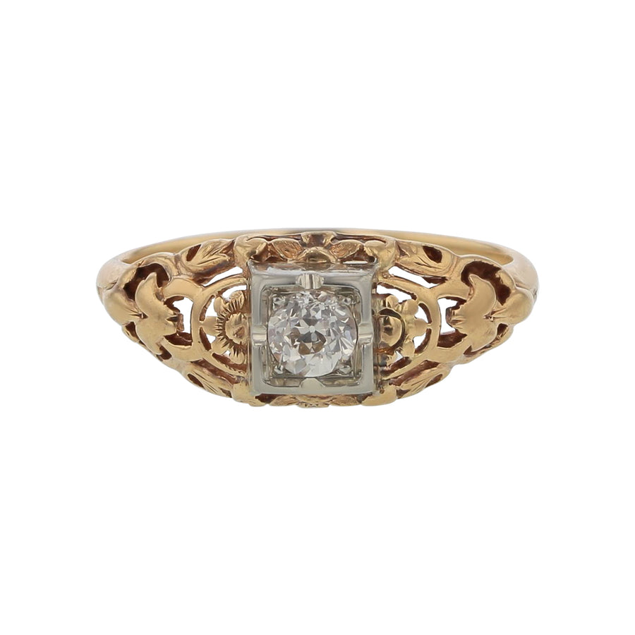 0.18ct Round Diamond Edwardian 1910's Ring in 18k White Gold and 14k Yellow Gold, Size 4.5
