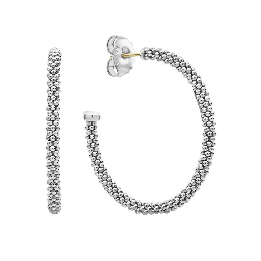 Signature Caviar Large Beaded Hoop Earrings in Sterling Silver