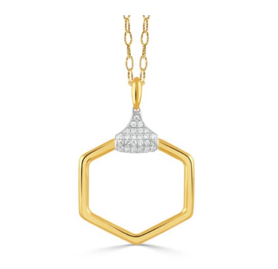 A hexagon-shaped pendant with a gold frame, featuring a central diamond pave bail surrounded by smaller clear diamonds.