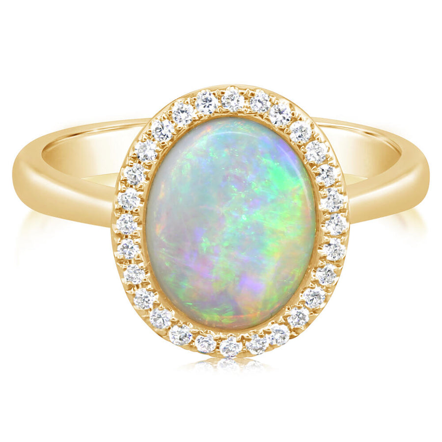 1.06Ct Oval Australian Opal and 0.16Ct Diamond Halo Ring in 18k Yellow Gold, Size 7