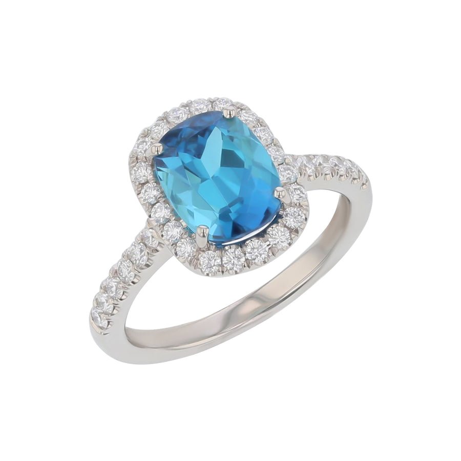 Indicolite and Diamond Halo Ring in Platinum, Size 6.25