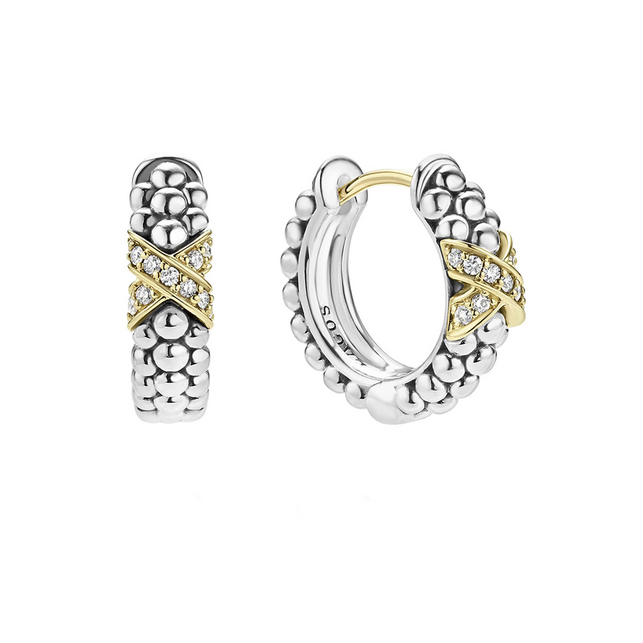 Embrace Diamond X Huggie Hoop Earrings in Sterling Silver and 18K Yellow Gold