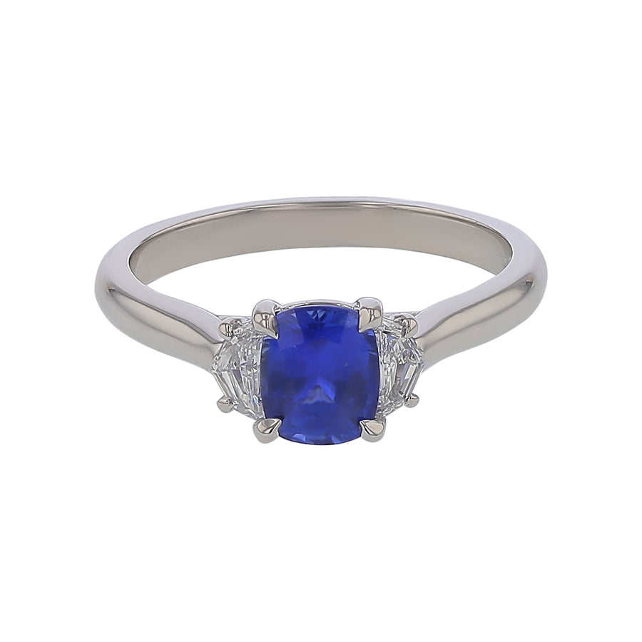 Ceylon Sapphire and Shield Diamond 3-Stone Ring in 18K White Gold, Size 6