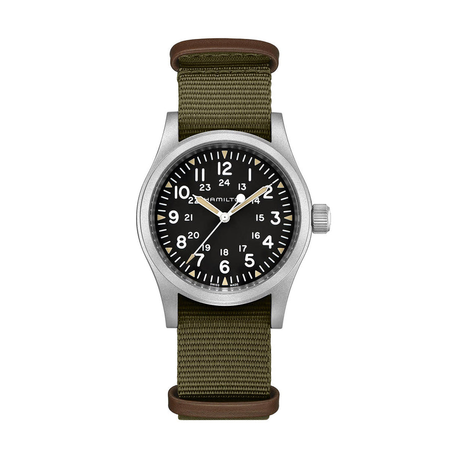 38mm Khaki Field Watch with Black Dial in Stainless Steel, Strap