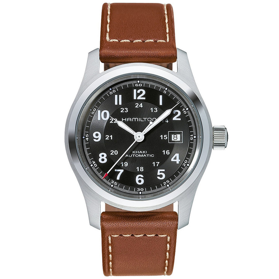 42mm Khaki Field Automatic Black Dial Watch in Stainless Steel with Brown Leather Strap