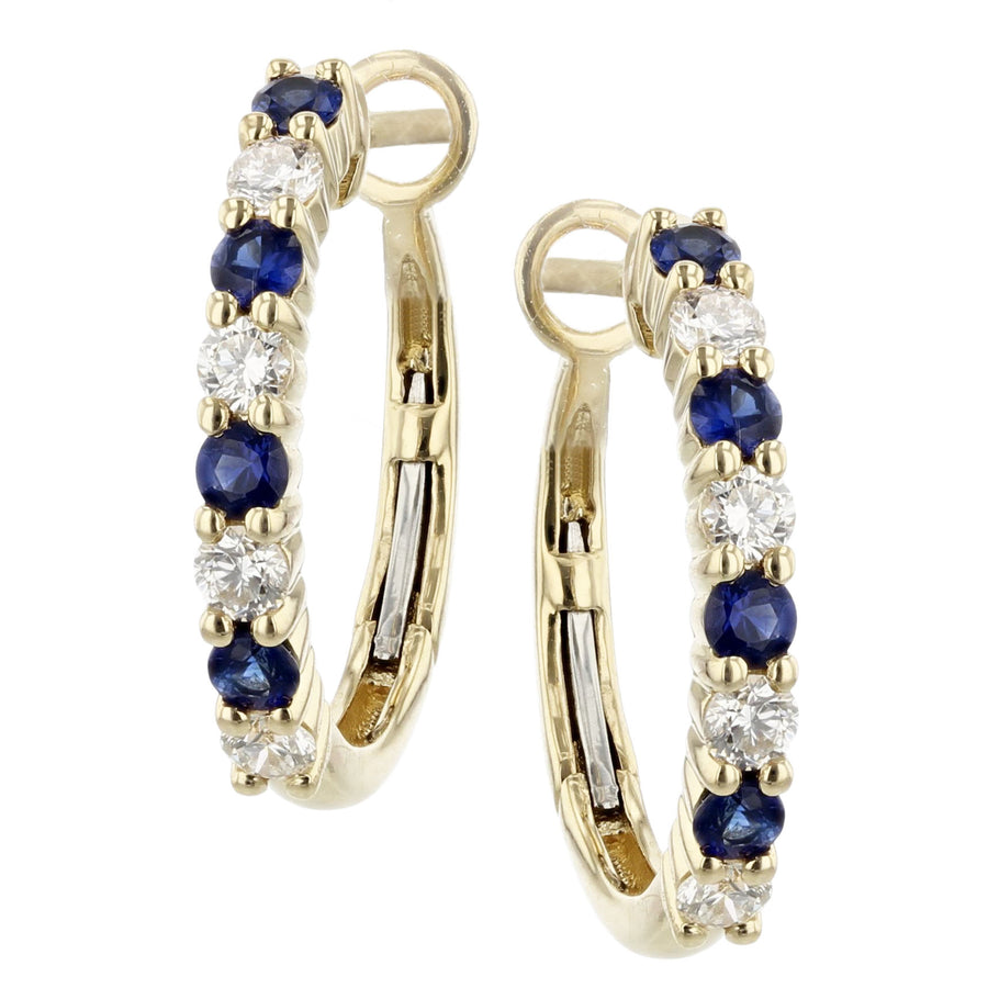 0.40ct Diamonds and 0.64ct Sapphire alternating shared prong hoop earrings in 14k Yellow Gold