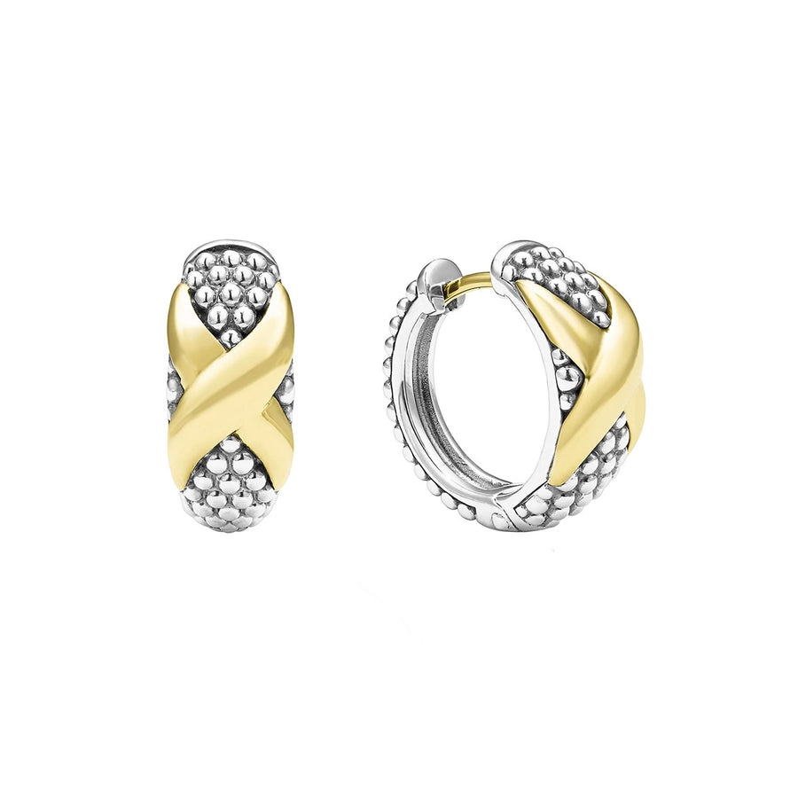 Embrace 16mm X Center Huggie Hoop Earrings in Sterling Silver and 18K Yellow Gold