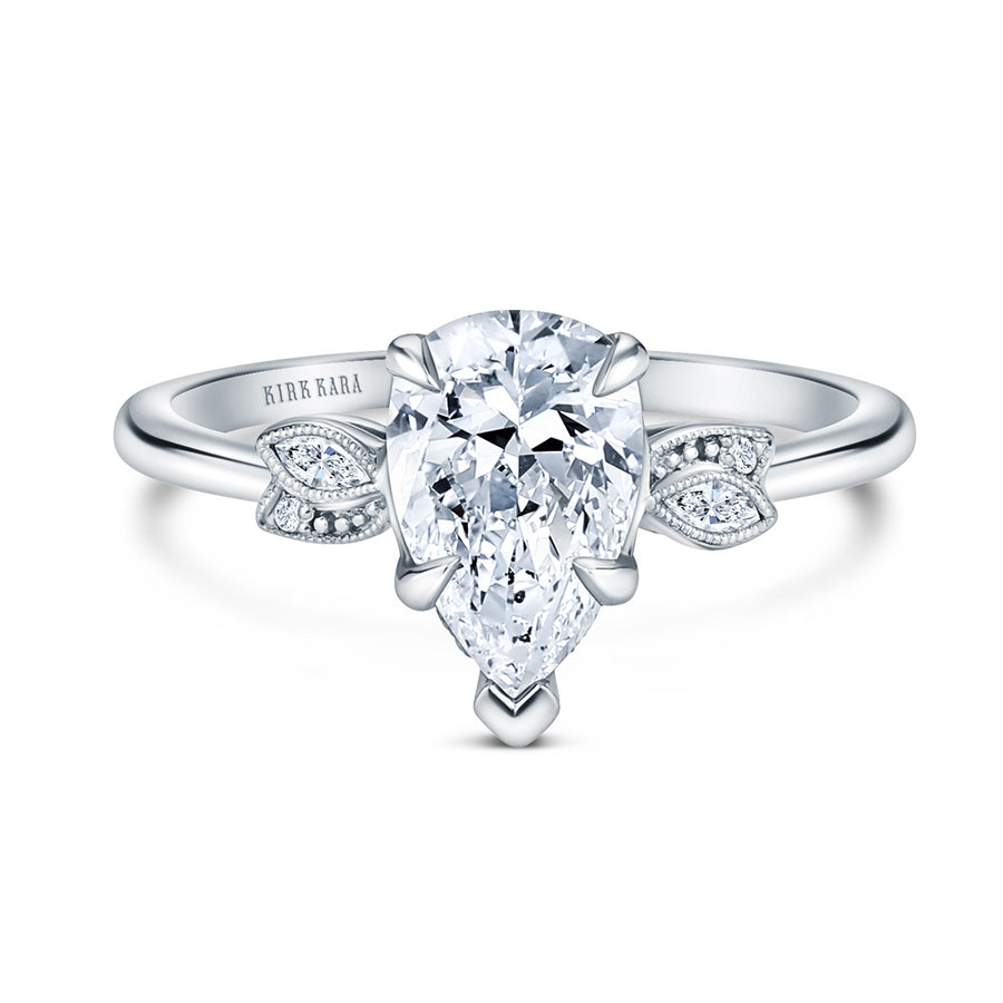 Dahlia Diamond Semi-Mount Ring in 18K White Gold for Pear Center, Size 6.5