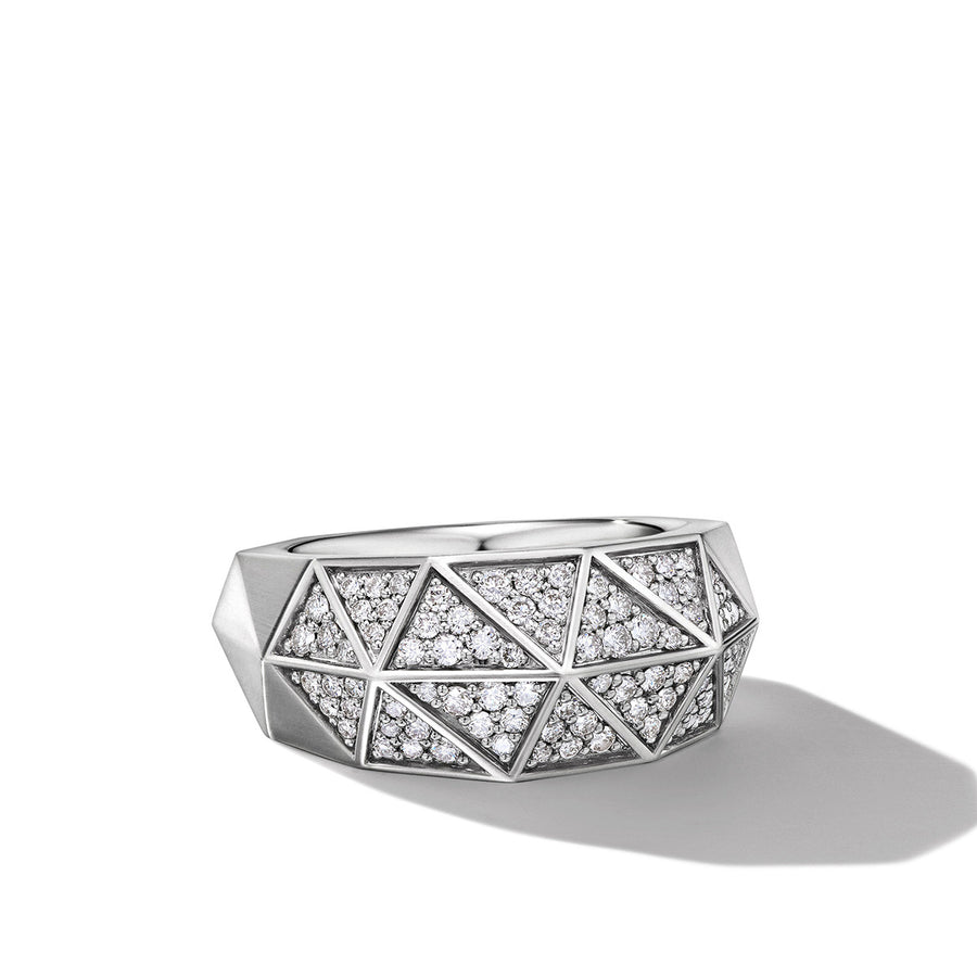 Torqued Faceted Signet Ring in Sterling Silver with Pave Diamonds