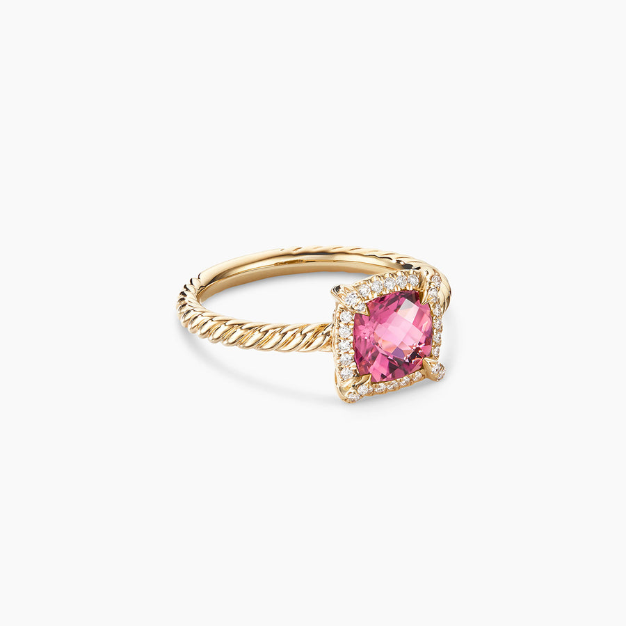 Petite Chatelaine Pave Bezel Ring 18K Yellow Gold with Pink Tourmaline and Diamonds