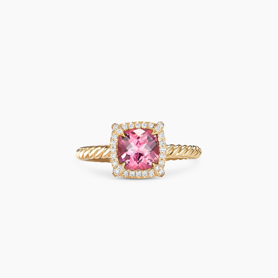 Petite Chatelaine Pave Bezel Ring 18K Yellow Gold with Pink Tourmaline and Diamonds