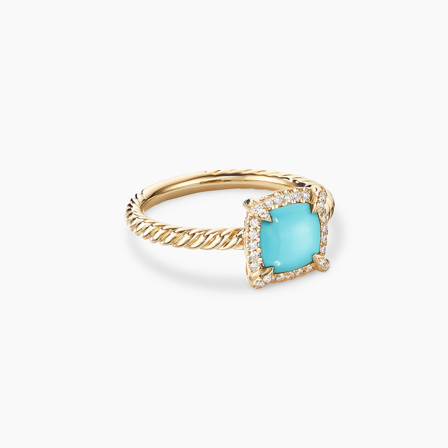 Petite Chatelaine Pave Bezel Ring 18K Yellow Gold with Turquoise and Diamonds