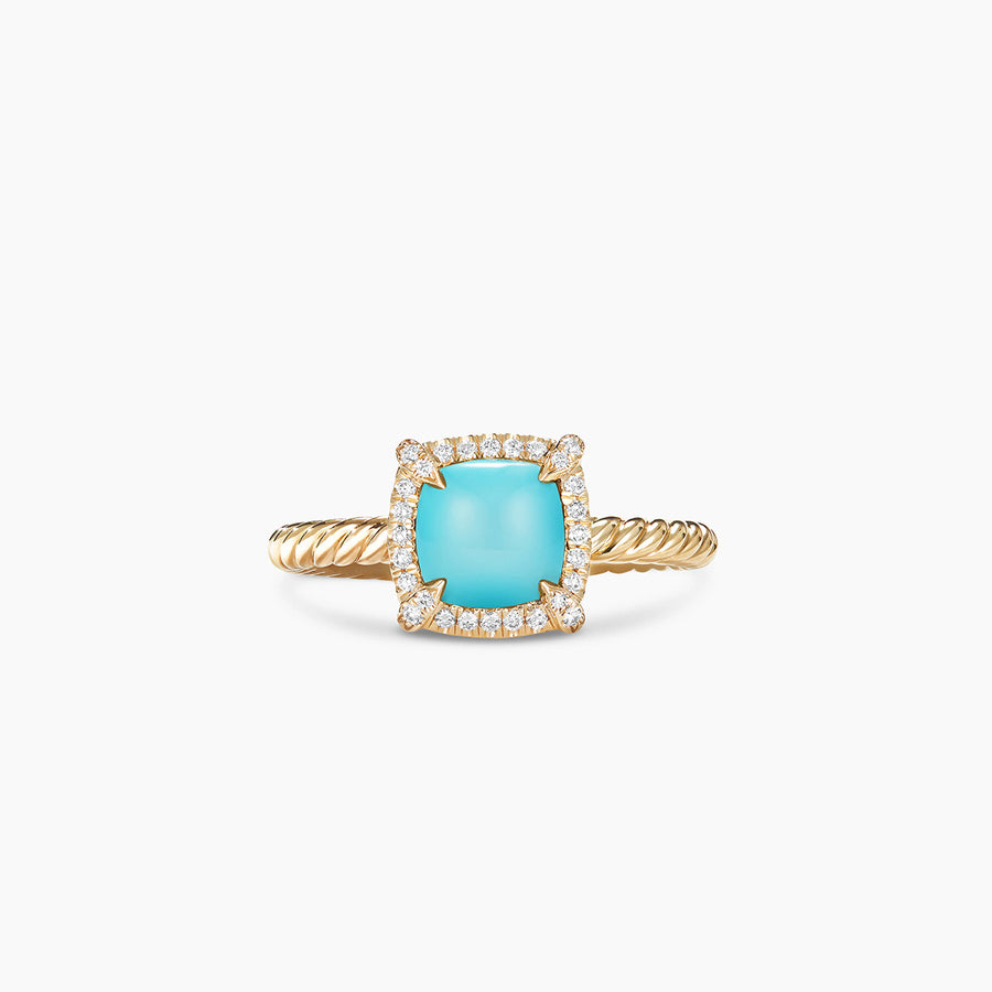 Petite Chatelaine Pave Bezel Ring 18K Yellow Gold with Turquoise and Diamonds