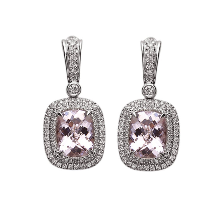Morganite and Diamond Double Halo Cushion Drop Earrings