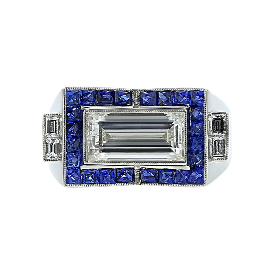Platinum Emerald-Cut Diamond and Sapphire Ring