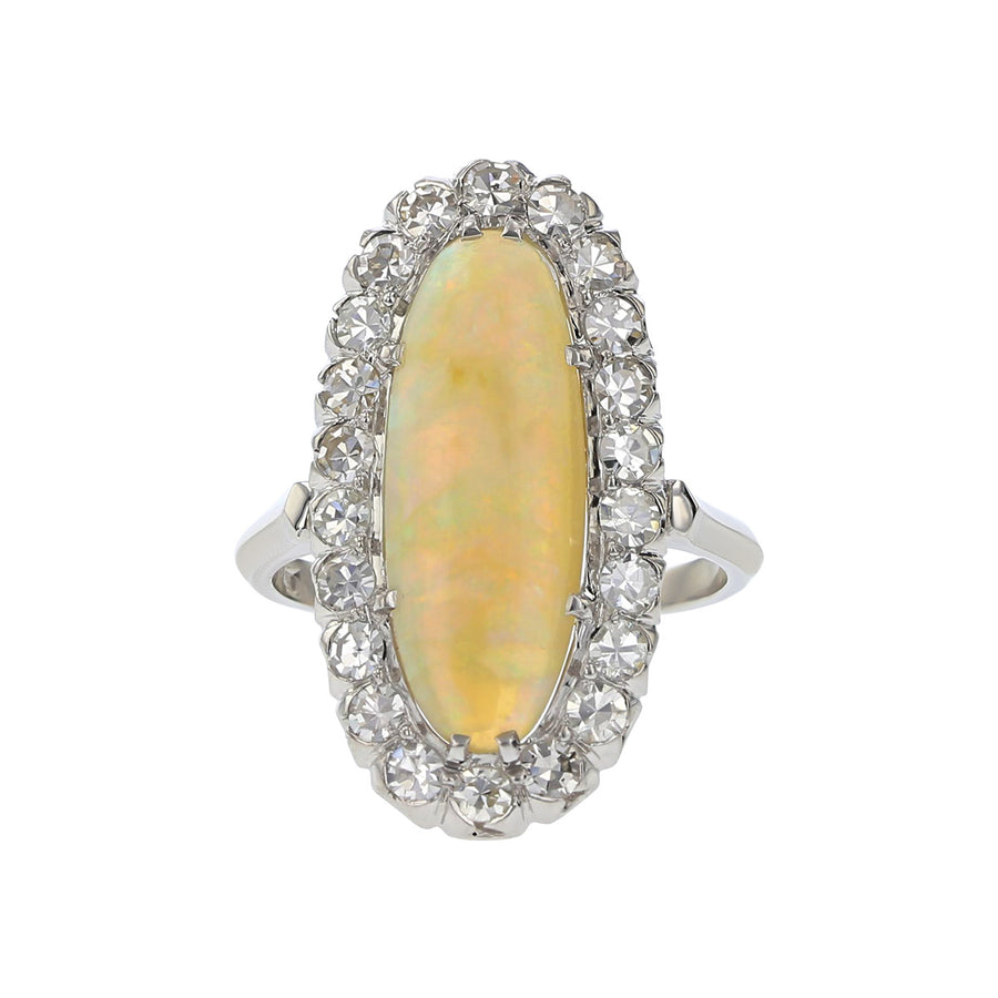 Mid-Century Platinum Opal and Diamond Halo Ring