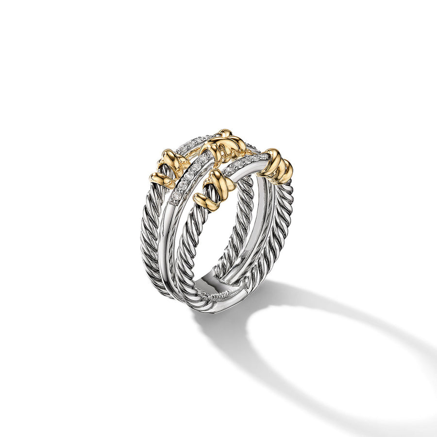 Petite Helena Wrap Three Row Ring in Sterling Silver with 18K Yellow Gold and Pave Diamonds