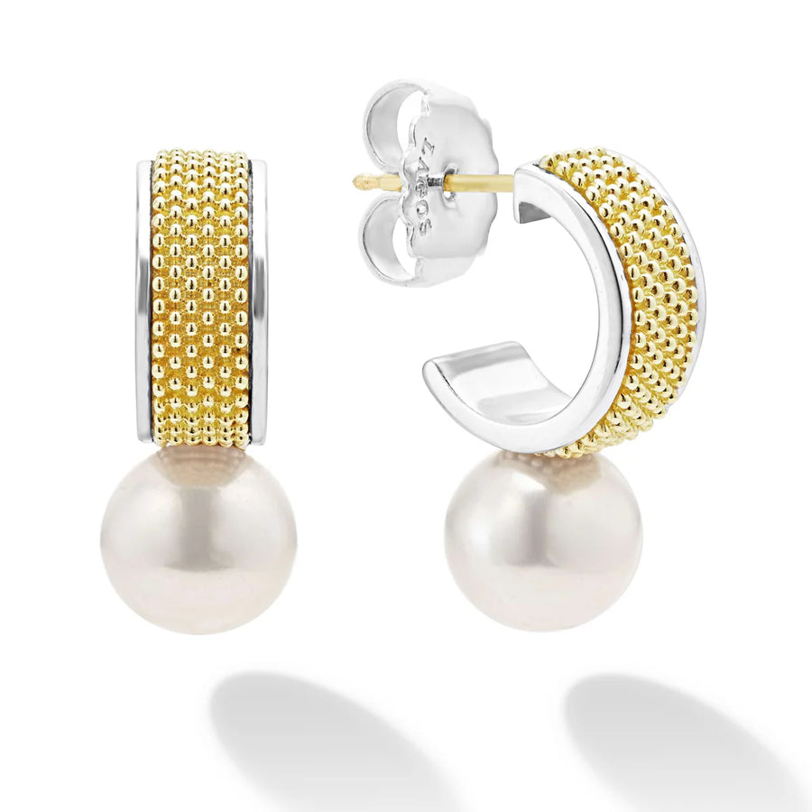 Luna Pearl Half Hoop Earrings in 18K Yellow Gold and Sterling Silver