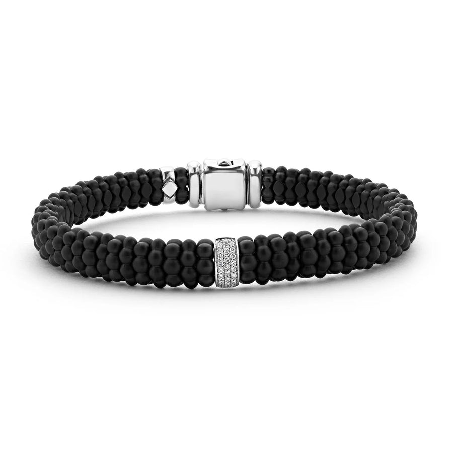 Black Caviar 0.13ct Diamond Beaded Station Rope Bracelet in Sterling Silver and Matte Ceramic, Size 8