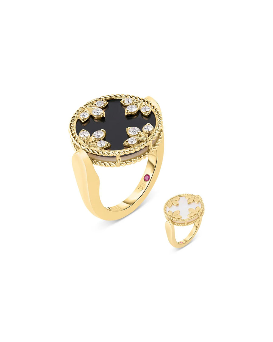 Venetian Medallion 0.28ct Diamond, Black Jade and Mother of Pearl Reversible Ring in 18K Yellow Gold, size 6.5