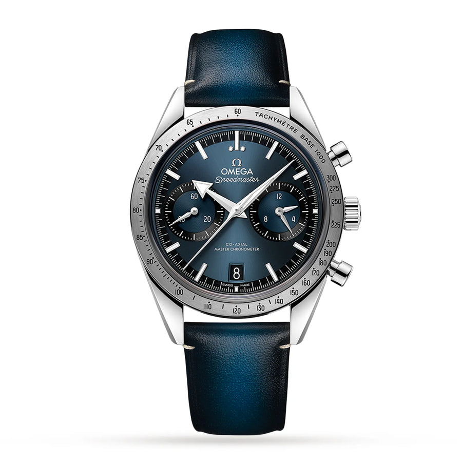 40.5mm Speedmaster '57 Blue Dial Watch in Stainless Steel on Blue Leather Strap