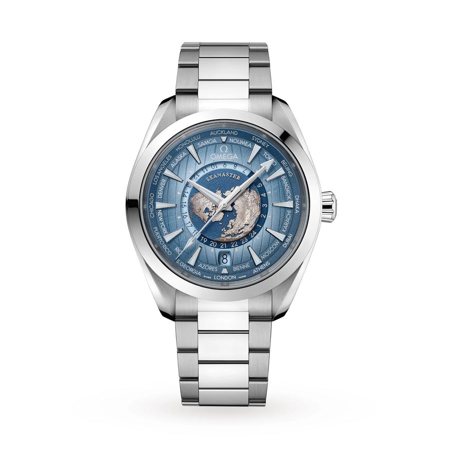 43mm SS Seamaster Worldtimer Aqua Terra with Blue Index Dial on a Bracelet