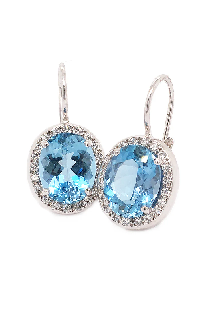 3.85Ct 2 Oval Aquamarine and 0.47Ct 54 Full Cut Diamond Halo Drop Earrings in Platinum