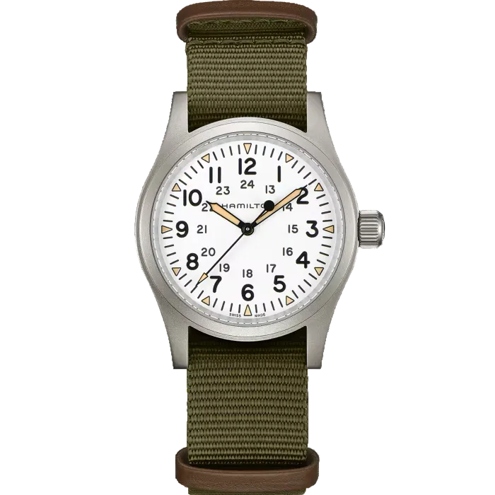38mm Khaki Field Mechanical Watch with White Dial in Stainless Steel, Strap