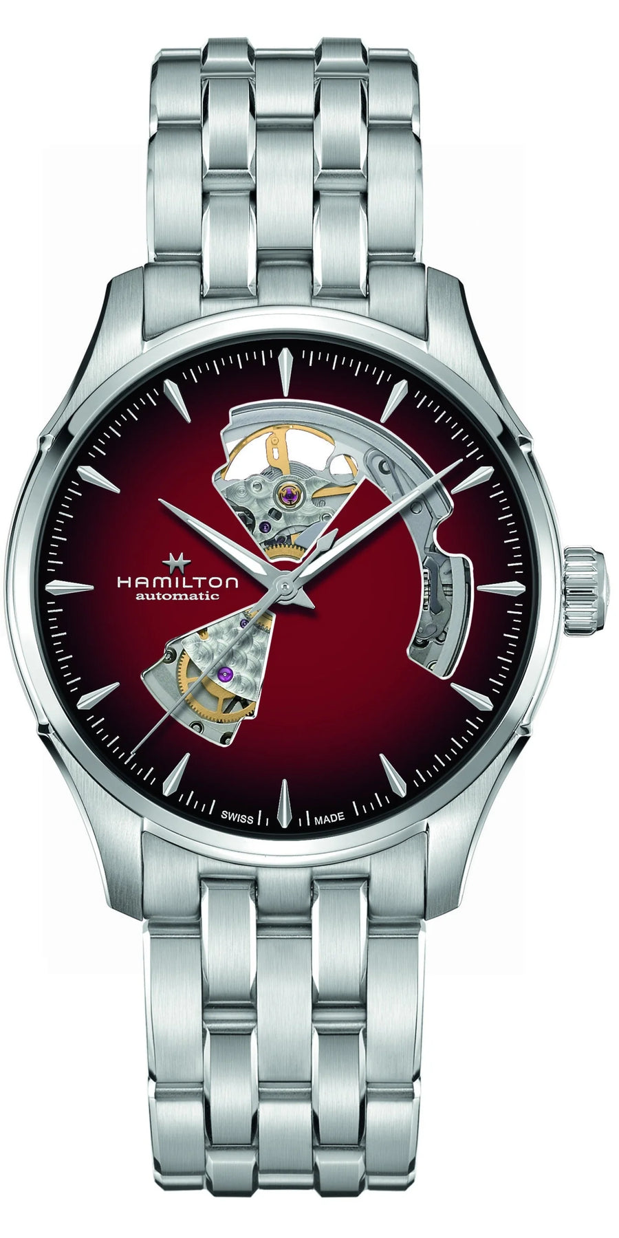 40mm Jazzmaster Open Heart Automatic Watch with Burgundy Dial in Stainless Steel, Bracelet