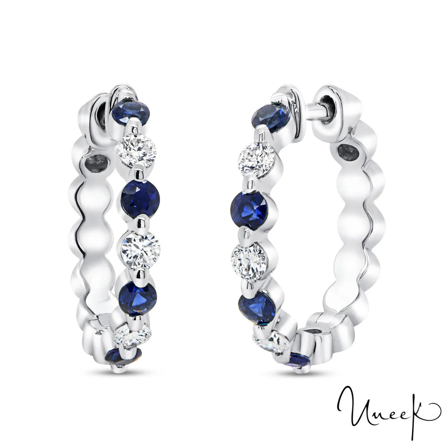 Blue Sapphire and Diamond Huggie Hoop Earrings in 14K White Gold