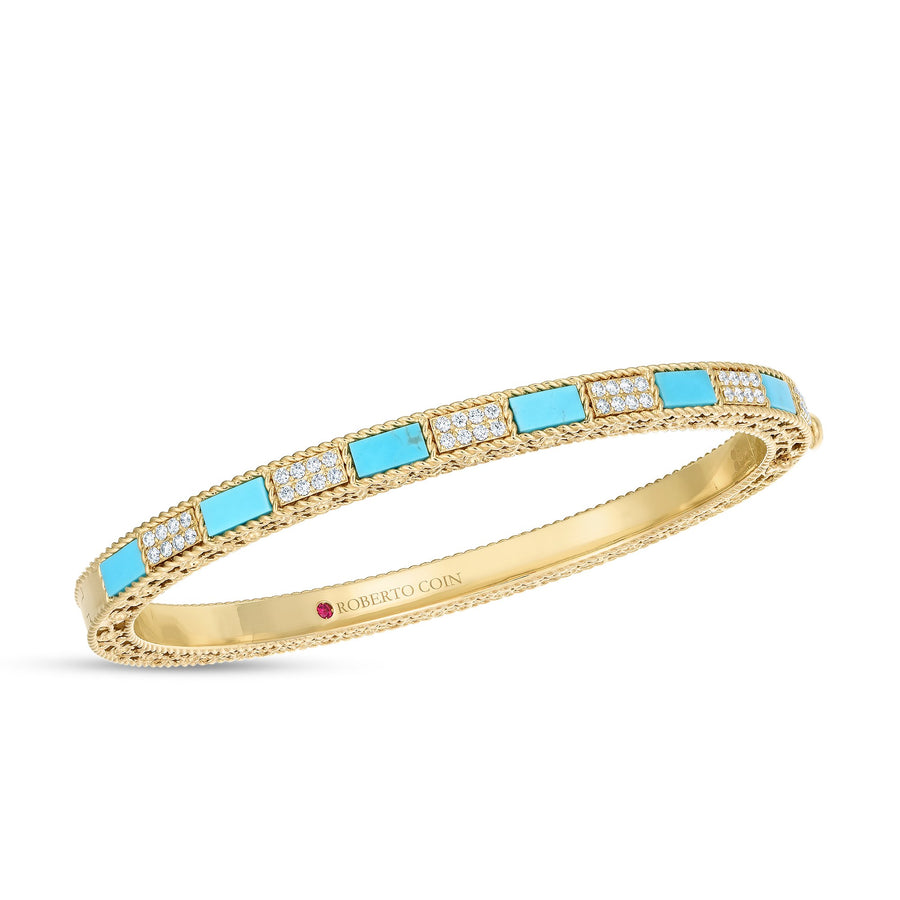 Mosaic 2.73ct Rectangular Stabilized Turquoise and 0.40ct Round Diamonds Bangle in 18K Yellow Gold