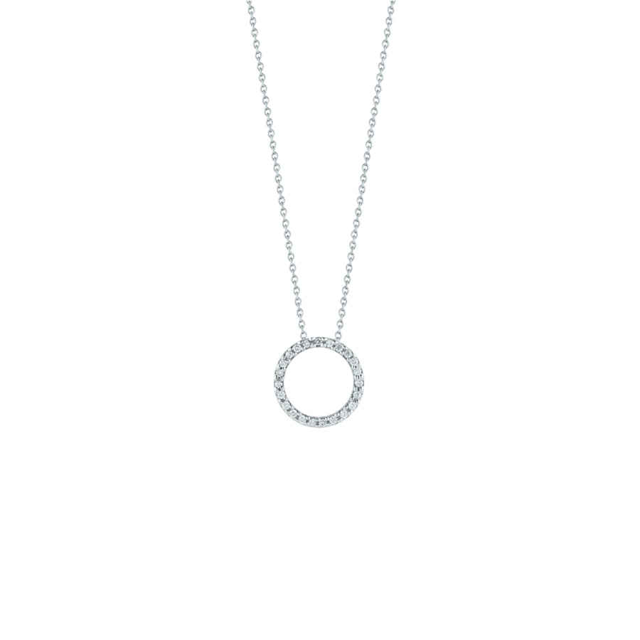 A round diamond x-small circle pendant in 18K white gold on an 18-inch chain.