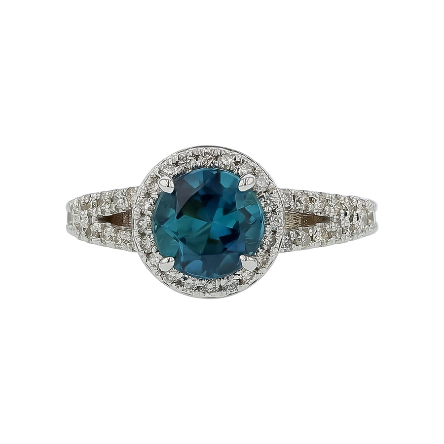 1.40ct Round Tourmaline and 0.50ct Diamond Halo Ring in 18K White Gold, Size 6.5
