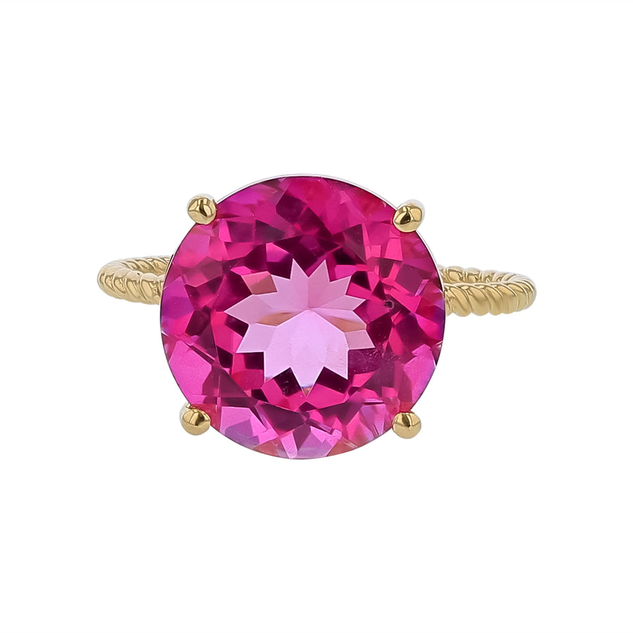 12mm Round Rose Quart Solitaire Ring in 14K Yellow Gold, size 6