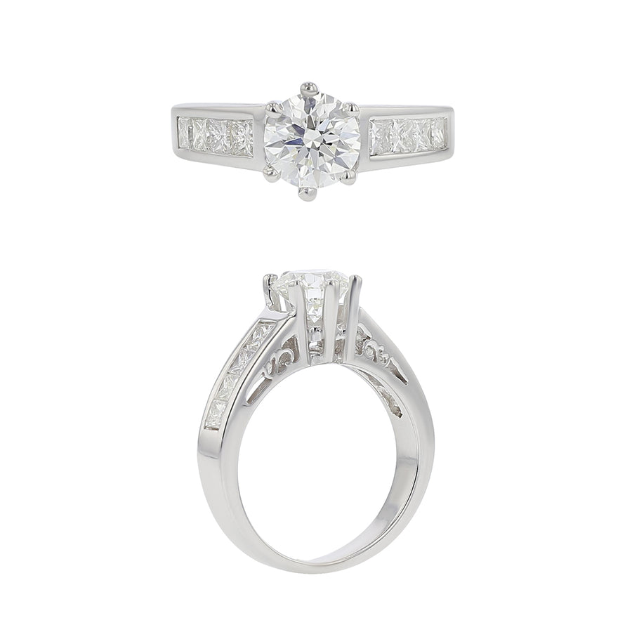 1.07ct Round Brilliant Diamond with 0.48ct Princess Cut Diamonds Engagement Ring in 18K White Gold, size 4.75