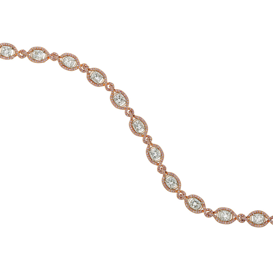 The Vault 6.63ct Cushion Cut Diamond and 1.51ct Pink Diamond Halo Line Bracelet in Platinum and 18K Rose Gold