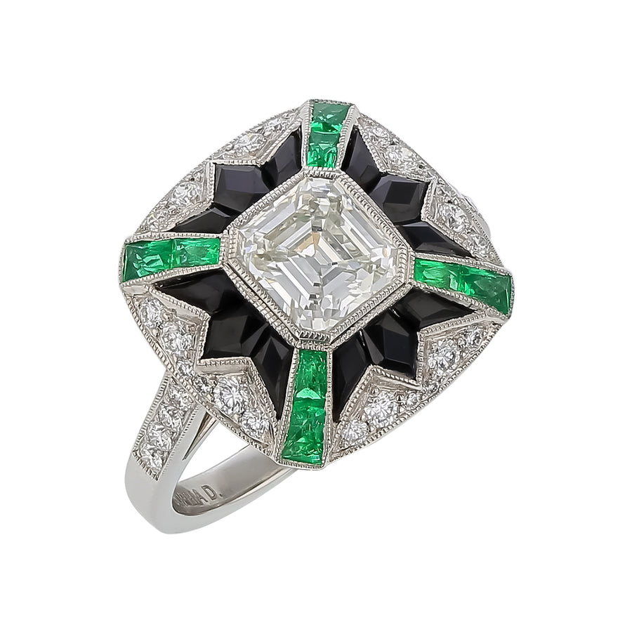 1.10ct Asher Cut Diamond, 0.80ct Black Onyx, 0.35ct Diamond and 0.30ct Emerald Ring in Platinum, Size 6.5