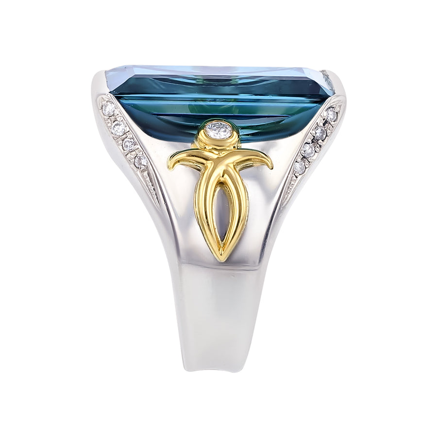 6.13ct Emerald Cut Green Tourmaline and 0.19ct Diamond Ring in Platinum with 18K Yellow Gold, size 7